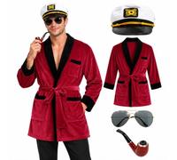 Mens Vintage Gentleman Costume Red Robe Fancy Dress with Hat Glasses | Complete Gentleman Look, Red Robe, Captain Hat, Sunglasses, Decorative Pipe, Halloween Party