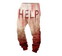 Men's Vintage Halloween Trousers with Bloody Print Horror Trousers Elastic Lace Up Pants Men Retro Scary Casual Pants for Halloween Activities, Red, XL