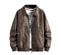 Men's Vintage Leather Jacket, Large Size Casual Motorcycle Jacket Lapel Collar with Zip Chic Streetwear Loose Fit Coat Going Out Jackets