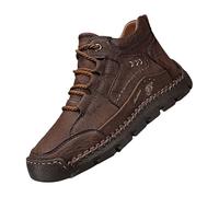 Men's Vintage Leather Mid Top Casual Shoes, Handmade Stitching Lace-Up Loafers with Anti-Slip Sole, PU Upper, Textured Grip Outsole, Soft Insole, Reinforced Heel, Durable Construction Brown