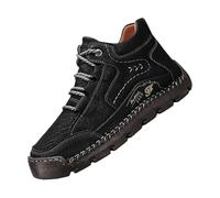 Men's Vintage Leather Mid Top Casual Shoes, Handmade Stitching Lace-Up Loafers with Anti-Slip Sole, PU Upper, Textured Grip Outsole, Soft Insole, Reinforced Heel, Durable Construction Black