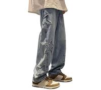 Men's Vintage Multiple Stars Patchwork Jeans Y2K Baggy Jeans High Waist Trousers with Straight Leg Denim Trousers with Pockets Hong Kong Style Trousers Casual Wide Fashion Streetwear, O Blue, XL