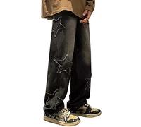 Men's Vintage Multiple Stars Patchwork Jeans Y2K Baggy Jeans High Waist Trousers with Straight Leg Denim Trousers with Pockets Hong Kong Style Trousers Casual Wide Fashion Streetwear, O Black, L