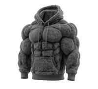 Men's Vintage Muscle Line Art Flannel Warm Hooded Sweatshirt, 3D Street Style Muscle Line Fuzzy Cotton Blend Hoodie, for Fall (UK, Alpha, XL, Regular, Regular, Gray)