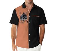 Men's Vintage Poker Bowling Shirt 1950s Retro Short Sleeve Button Down Hawaiian Shirts, Black and Orange, Medium