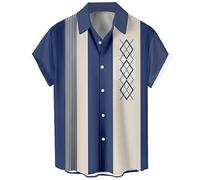 Men's Vintage Poker Bowling Shirt 1950s Retro Short Sleeve Button Down Hawaiian Shirts, Blue Apricot Geometric, S