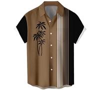 Men's Vintage Poker Bowling Shirt 1950s Retro Short Sleeve Button Down Hawaiian Shirts, Brown Stripe, Medium