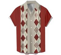 Men's Vintage Poker Bowling Shirt 1950s Retro Short Sleeve Button Down Hawaiian Shirts, Brownish Red Geometric, S