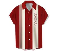 Men's Vintage Poker Bowling Shirt 1950s Retro Short Sleeve Button Down Hawaiian Shirts, Red Apricot Geometric, XL