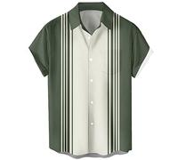 Men's Vintage Poker Bowling Shirt 1950s Retro Short Sleeve Button Down Hawaiian Shirts, Sage Cream Stripe, XL