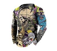 Men's Vintage Print T-Shirt 3D Skull Long Sleeve Loose O-Neck Tee Tops Motorcycle Biker Punk Rock Hip Hop Streetwear
