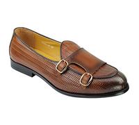 Mens Vintage Real Leather Vamp Double Monk Strap Loafers Woven Effect Slip on Shoes [HY62-A7-BROWN-44]