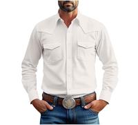 Mens Vintage Shirts Casual Fashionable Long Sleeve Button-Down Shirt with Pocket Versatile Lightweight Regular-Fit Turn Down Collar Tops for Working Training Traveling White