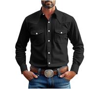Mens Vintage Shirts Casual Fashionable Long Sleeve Button-Down Shirt with Pocket Versatile Lightweight Regular-Fit Turn Down Collar Tops for Working Training Traveling Black
