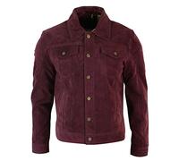 Mens Vintage Short Denim Style Retro Real Suede Leather Jean Jacket Casual Wine Green