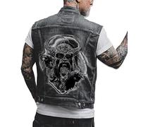 Men's Vintage Skull Denim Vest Jacket Skull Printed Biker Motorcycle Buttoned Denim Waistcoat Gilet Cowboy Sleeveless Jacke