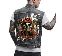 Men's Vintage Skull Denim Vest Jacket Skull Printed Biker Motorcycle Buttoned Denim Waistcoat Gilet Cowboy Sleeveless Jacke