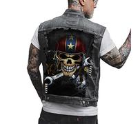 Men's Vintage Skull Denim Vest Jacket Skull Printed Biker Motorcycle Buttoned Denim Waistcoat Gilet Cowboy Sleeveless Jacke