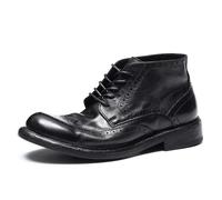 Men's Vintage Soft Genuine Leather Brogue Boots Handmade Cowhide Boots High Top Lace Up Shoes,Black,6.5