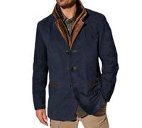 Men's Vintage Suede Jackets Double Layer Fur Lapel Blazer Leather Collar Medium Length Outdoor Blazer Autumn Winter, Blue, XL
