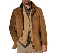 Men's Vintage Suede Jackets Double Layer Fur Lapel Blazer Leather Collar Medium Length Outdoor Blazer Autumn Winter, Brown, XL