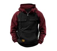 Men's Vintage Tactical Half-Zip Hoodie - Red and Black Patchwork Hooded Sweatshirt - Retro Military Style Multi-Pocket Hoodie - Casual Combat-Style Hoodie with Drawstring - Tactical Design Pullover