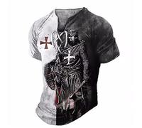 Men's Vintage V Neck Lace Up T Shirt Retro Knights Templar Pattern Short Sleeve Tee Shirt Distressed Outdoor Street Henley Shirt Pullover Top Clothing