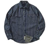 Mens Vintage Vertical Striped Denim Shirt Heavy Duty Old Washed Cargo Shirt Jacket Navy Blue M