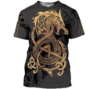 Mens Vintage Viking Crewneck Tshirt Short Sleeve Norse Myth Tattoo Pattern Polyester T-shirts Quick Dry Hip Hop Tshirt (Color : A, Size : L)