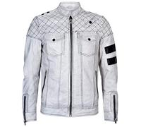 Men's Vintage White Retro Casual Zipped 100% Leather Moto Racing Biker Jacket 3XL