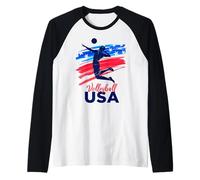 Mens Volleyball Support The Team Beach Volleyball Flag USA Raglan Baseball Tee