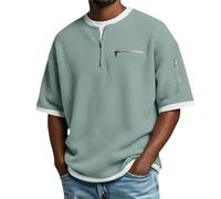Men's Waffle 1/4 Zip T-Shirts Short Sleeve V Neck Tops Vintage False 2 Pieces Pullover, Oversize Comfy Shirt with Pockets, Breathable Lightweight Workwear for Walking Running (Light Green, L)