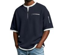Men's Waffle 1/4 Zip T-Shirts Short Sleeve V Neck Tops Vintage False 2 Pieces Pullover, Oversize Comfy Shirt with Pockets, Breathable Lightweight Workwear for Walking Running (Navy, XXXXL)