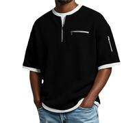 Men's Waffle 1/4 Zip T-Shirts Short Sleeve V Neck Tops Vintage False 2 Pieces Pullover, Oversize Comfy Shirt with Pockets, Breathable Lightweight Workwear for Walking Running (Black, XXXL)