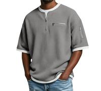Men's Waffle 1/4 Zip T-Shirts Short Sleeve V Neck Tops Vintage False 2 Pieces Pullover, Oversize Comfy Shirt with Pockets, Breathable Lightweight Workwear for Walking Running (Grey, M)
