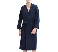 Mens Waffle Dressing Gown Lightweight Kimono Bathrobe V Neck Long Sleeve Housecoat with Pockets Knee Length Absorbent Sleepwear Waffle Nightwear for Gym Shower Spa Hotel Robe Navy