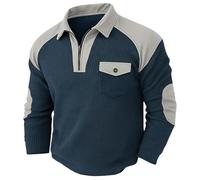 Mens Waffle Henley Long Sleeve 3/4 Zip Pullover Mens Elbow Patches Collared Polo Sweatshirts Golf Rugby Long Sleeve Ribbed Henley Grandpa Sweaters Waffle T Shirts Casual Big and Tall Winter Navy