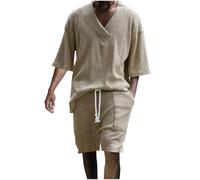 Mens Waffle Knit Lounge Set Mens Pyjamas Set V Neck Breathable Jacquard Sets Loose Short Sleeved Suits Seven-Quarter Sleeve Loungewear Beach Walking Suits For Vacation 2 Piece Casual Outfits
