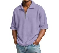Men's Waffle Knit Quarter-Zip Polo Shirt, Olive Green Loose Fit Short Sleeve Top, Breathable Lightweight Summer Casual Tee, Quick-Dry Half-Zip Collared Shirt for Gym, Work(Purple-1, XXXL)