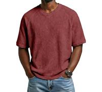 Men's Waffle Knit V-Neck T-Shirt Short Sleeve Mens Shirts Solid Color Minimalist Relaxed Fit Classic Soft Wear Resistant Fashion Red XXL