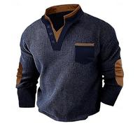 Mens Waffle Ribbed Casual Vintage Sweatshirt Mock Collar V-Neck Thermal Long Sleeve Patched Elbow Shoulder Soft Jumpers Standing Collar Pullover Work Sweaters Mens Heavyweight Hoodless Polo Tops Navy