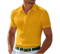 Men's Waffle T-Shirt Sports Polo Shirt Plain Basic Tee Comfortable Pullover Summer Button Down Short Sleeve Shirts (Yellow,S)