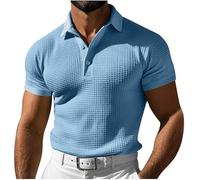 Men's Waffle T-Shirt Sports Polo Shirt Plain Basic Tee Comfortable Pullover Summer Button Down Short Sleeve Shirts (Light Blue,XXL)