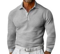 Mens Waffle Texture Polo Shirts Long Sleeve Casual Button Golf Tshirts Sretch Slim Fit Moisture Wicking Collared Work Shirt Lightweight Casual Polo Sweater Grey