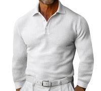 Mens Waffle Texture Polo Shirts Long Sleeve Casual Button Golf Tshirts Sretch Slim Fit Moisture Wicking Collared Work Shirt Lightweight Casual Polo Sweater White