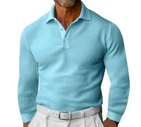 Mens Waffle Texture Polo Shirts Long Sleeve Casual Button Golf Tshirts Sretch Slim Fit Moisture Wicking Collared Work Shirt Lightweight Casual Polo Sweater