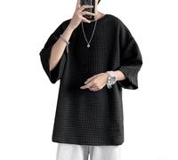 Men's Waffle Weave Korean Styled Oversized O-Neck Casual Pullover Top with Five-Quarter Sleeves for Warm Weather (L Black)