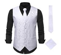 Men's Waistcoat Paisley Floral Formal Vest Jacket Sets V Neck Single Breasted Business Causal Suit Sets Tie And Pocket Square Handkerchief Vest Suit Set for Formal Wear, Working,Party White XL
