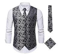 Men's Waistcoat Paisley Floral Formal Vest Jacket Sets V Neck Single Breasted Business Causal Suit Sets Tie And Pocket Square Handkerchief Vest Suit Set for Formal Wear, Working,Party Silver 3XL