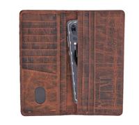 Mens Wallet, Leather Wallet, Long, 14 Card Slots, 2 compartments for Bills and Cash, Mobile Phone, SIM Card Pockets, Hand Carry or Coat Pocket, Full Grain Real Leather (Pullup Brown)